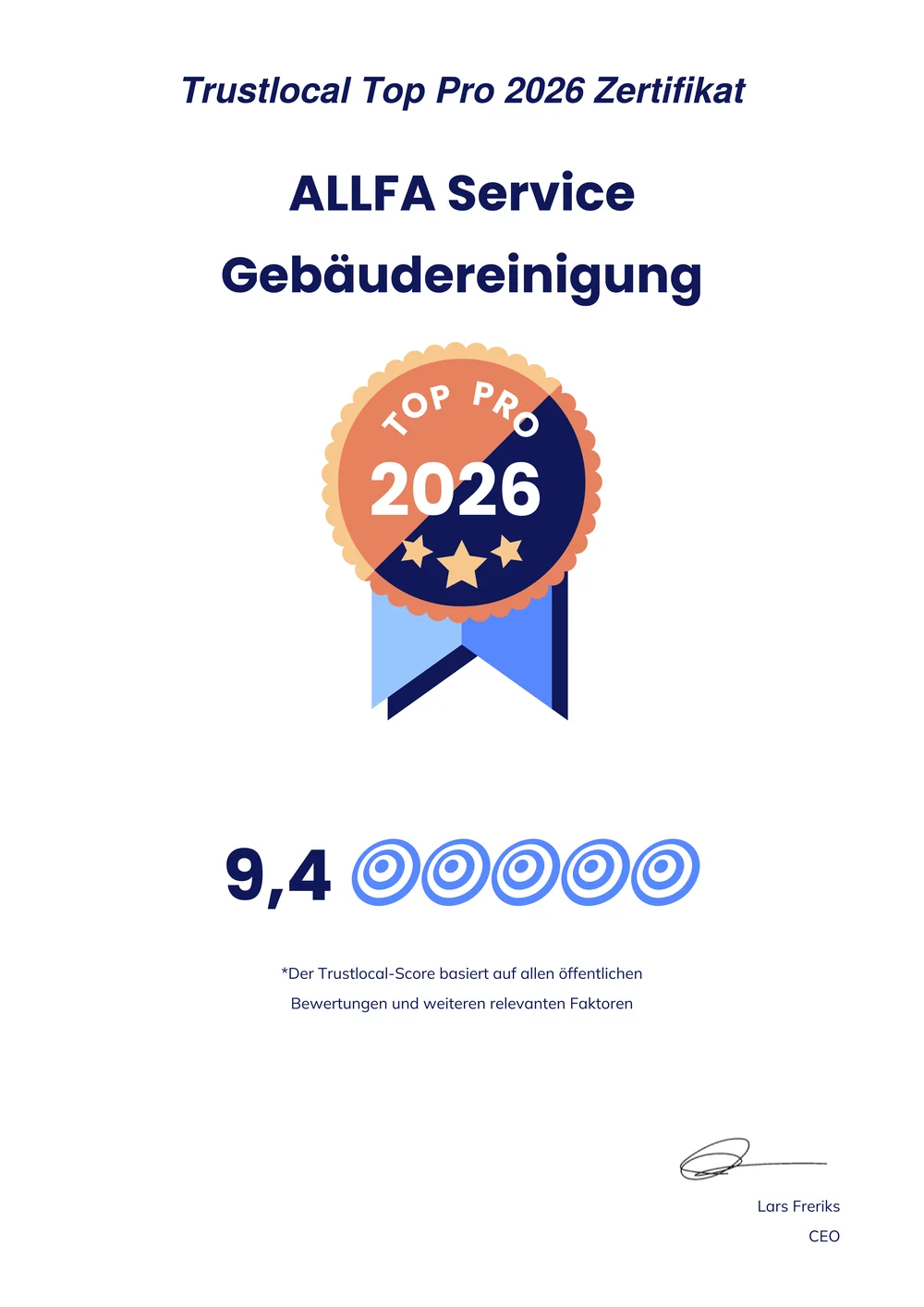 Trustlocal Top Pro 2026 Zertifikat – ALLFA Service Gebäudereinigung